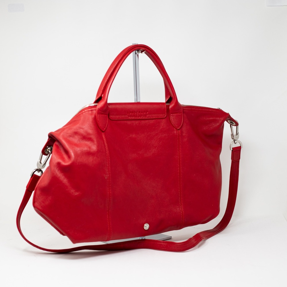 Longchamp Le Pliage Cuir Medium Genuine Leather Crossbody Satchel Bag Purse Red - Picture 4 of 6